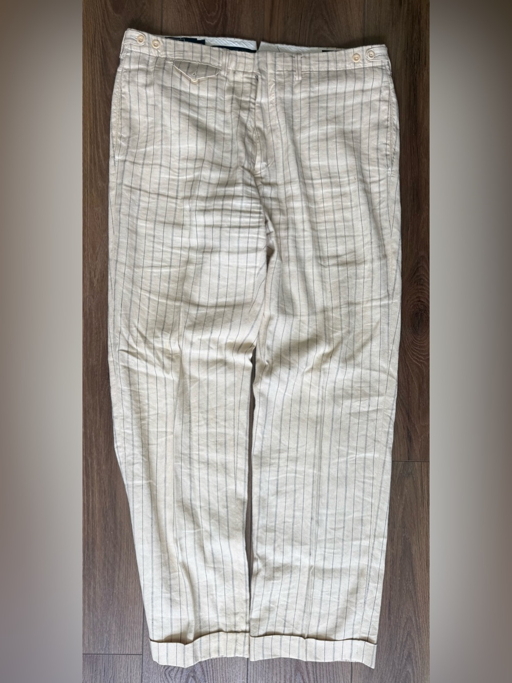 Vintage Polo Ralph Lauren Ivory Pinstripe Linen Pants Side Buttons Italy 36x32